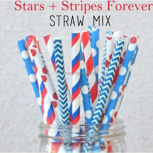 100pcs Mixed Colors Stars + Stripes Forever 4th of July Paper Straws,Birthday Party Wedding Baby Shower Cake Pop Sticks