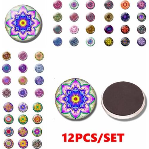 12PCS Mandala Fridge Magnet Glass Dome Buddhist Totem Fridge Sticker Creative Mandala Flower Home Decoration Fridge Magnet