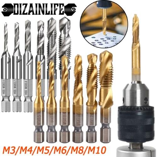 6/7 PCS M3 M4 M5 M6 M8 M10 Thread Metric Tap Drill Bits Set HSS Hex Shank Screw Machine Titanium Plated Compound Tap Hand Tool