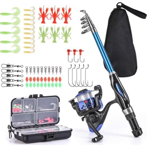 Blusea Fishing Rod Reel Combo Full Kit 1.3m Telescopic Fishing Rod Spinning Reel Set with Hooks Soft Lures Barrel Swivels Bag