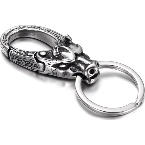 Stainless Steel Key Chains Mens Cow Head Spring Fastener Key Ring Unique Car Keychain Key Finder Accessories