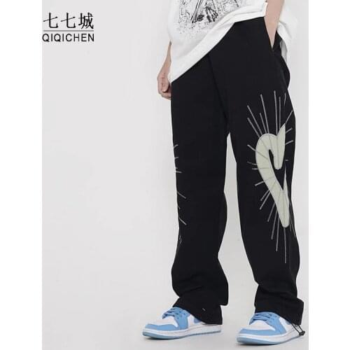 High Street Reflective Love Cargo Pants Men Women Drawstring Musical Pattern Straight Pant Elastic Waist Loose Casual Trousers