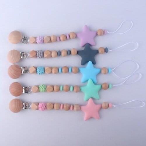Food Grade Silicone Beads Star Pendant Beech Wooden Pacifier Holder Chain Clip for Baby Newborn Boy Girl