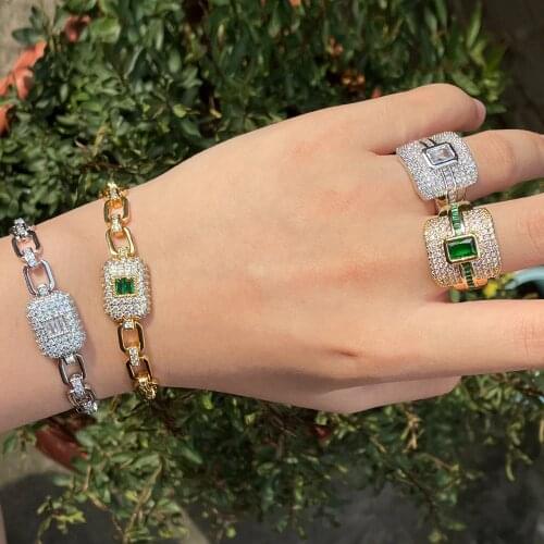 CWWZircons Bling White Gold Color Green Cubic Zirconia Cuban Link Chain Bracelet and Ring Sets for Women Engagement Jewelry T538