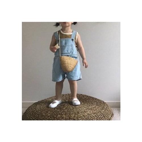 Childrens clothing new boys and girls Han Fan cute robot cat big pocket two-color denim straps shorts