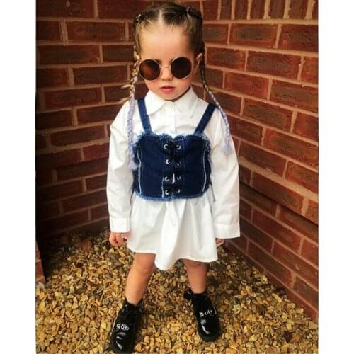 Kids Baby Cool Girls Dress Shirt Blue Denim Vest Dress Long Sleeve Sling Sweat Girl Mini Dresses Sunsuit Autumn Clothes 1-6Years