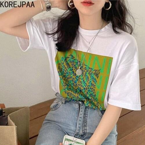 Korejpaa Women T-shirt 2021 Korea Chic Summer Leisure O-neck Abstract Letter Printing Design Loose Wild Short-sleeved Tee Top