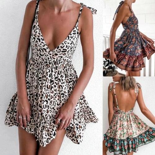 Summer Fashion Floral Print Mini Dress 2021 Casual Sexy Deep V Neck Spaghetti Straps Bandage Sleeless Empire Ladies Dress Basic