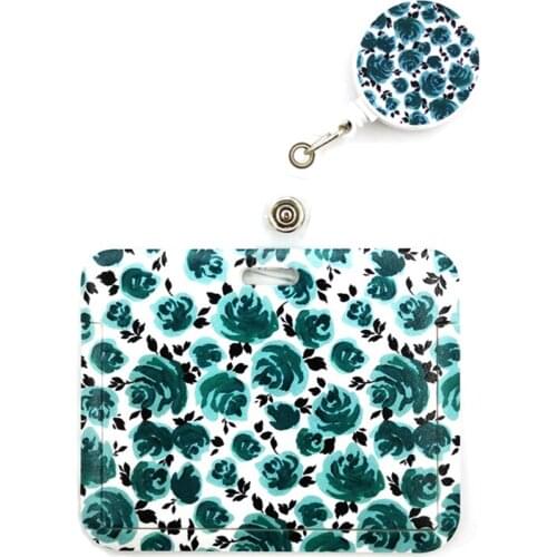 Blue Flower Rose Cartoon Cute Credit Card Holder Lanyards Women Men Kids Student Retractable Badge Reel ID Name Bus Clips Card