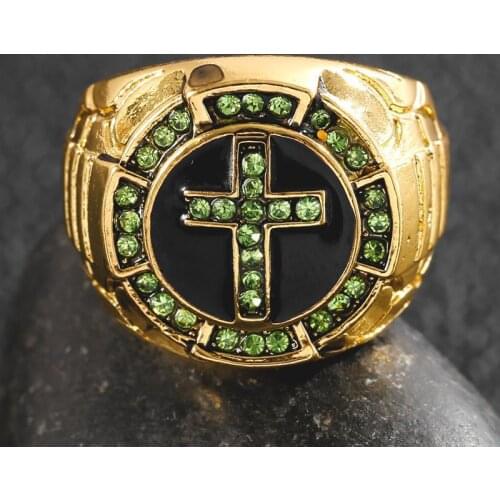 Fashion Classic Green Cross Statement Ring Gold Color Green Crystal Zircon Wedding Rings for Men Boho Jewelry Gothic Accessories