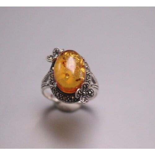 New Pure 925 Sterling Silver Ring Width 22mm Natural Amber Bead Marcasite Lace Ring