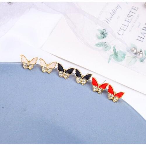 2021 New Arrival Earring Red Pink Black Enamel Delicate Crystal Cute Little Butterfly Stud Earrings Insect Jewelry For Girls