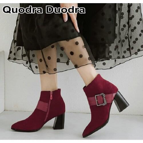 New winter women boots buckle strap shoes wine red pointed toe boots ankle short boots warm fashion shoes square high heels big