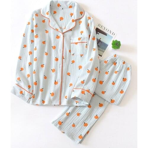 2pcs/Set Japanese Simple Long Sleeve Pyjamas Women 100% Cotton Ladies Pajama Sets Cute Cartoon Print Sleepwear Women Homewear