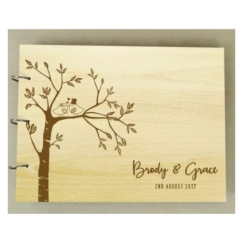 Custom Engraved Trees Couple Birds Rustic wedding guest photo album Wooden guestbooks Reception party favors decorations