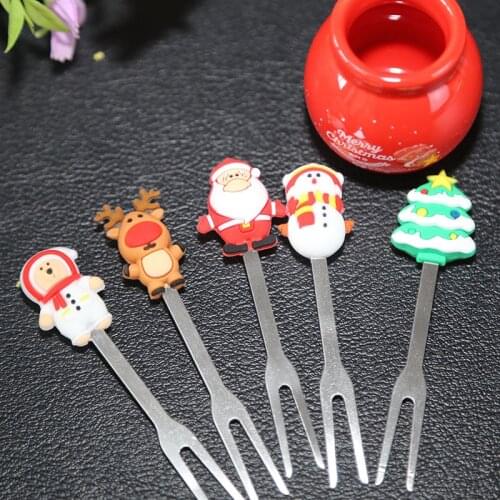 5Pcs Christmas Fruit Fork Stainless Claus Salad Stick Dessert For Party Decoration Cartoon Accessories Vegetable New