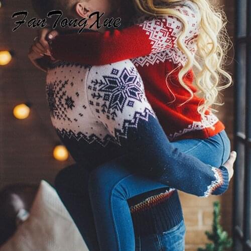 Couples Christmas Sweater for Women Red Blue Deer Print Vintage Sweater Women Sheath Long Sleeve High Neck Fashion Pullovers