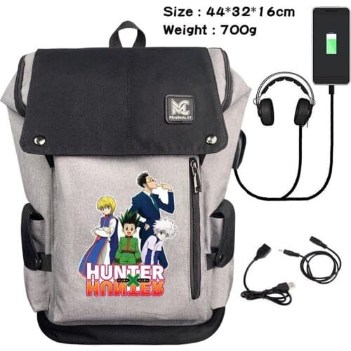 Anime Hunter Hunter USB Charging Backpack Travel Canvas Teenager Headphone Cartoon Laptop Bag Casual Zip Student Schoolbag