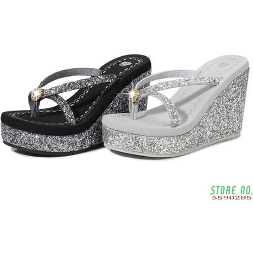 Summer platform women shoes beach sandals rhinestones sequins slope with flip flops breathable shiny wedges women