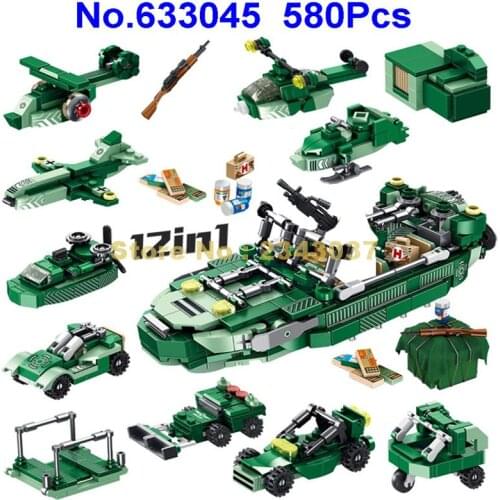 633045 580pcs 12in1 25 Styles Military Boat Plane Car Helicopter Weapon Building Blocks Toy