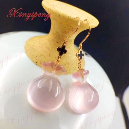 Xin yi peng 18 k yellow gold inlaid natural powder crystal rose quartz drop earrings, women earrings, the anniversary gift