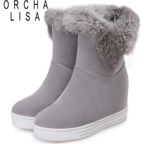 ORCHALISA Womens half boots Fur Wedges Slip on Flock Female mujer Increased Solid Round toe Fashion Warm boots Ankle boot S2403