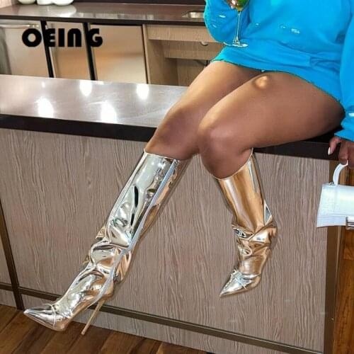 Women Metallic Leather Knee High Boots Pointed Toe Stiletto High Heels Fashion Cute Shoes Night Club Dress Botines Mujer 2021