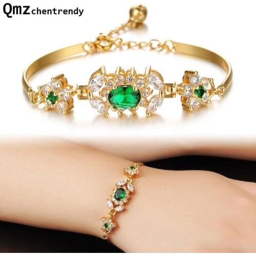 Stainless Steel Women Big Gem Stone Flower Bangle Wedding Bracelet Bell Charm Green Cubic Zirconia Jewelry Accessories for Bride