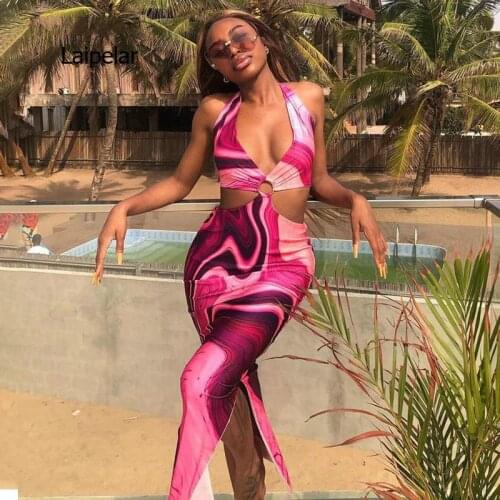 2021 Summer Ins Style Popular Womens New Hollow Out Sling Neck Print Sexy Open Back Split Dress