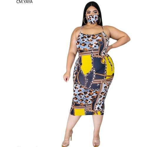 CM.YAYA plus size XL-4XL women leopard chain print sleeveless high waist spaghetti strap bodycon midi dress party pencil dresses