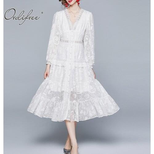 Ordifree 2021 Summer Elegant Women White Lace Party Dress Long Sleeve Single Breasted Sexy Ladies Crochet Midi Dress