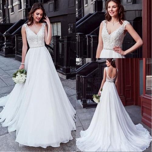 Charming Tulle & Chiffon V-neck Neckline Natural Waistline A-line Wedding Dress Beaded Lace Backless vestidos de novia 2021
