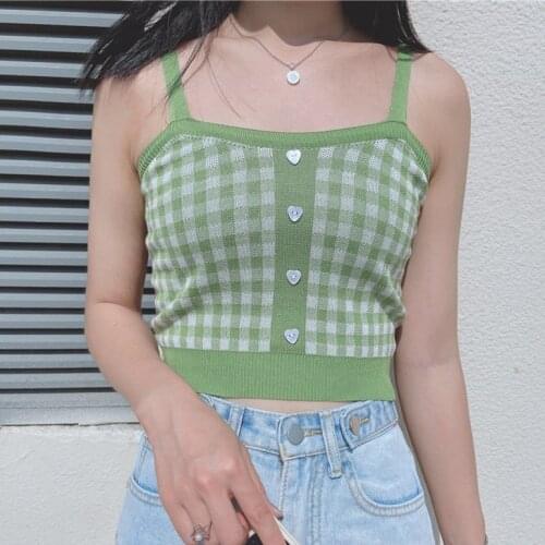 2021 Summer Camis Women Cute Kawaii Plaid Tank Crop Top Corset Knitted Female Slim Cottagecore Stretchy Camisole E Girl Bustier
