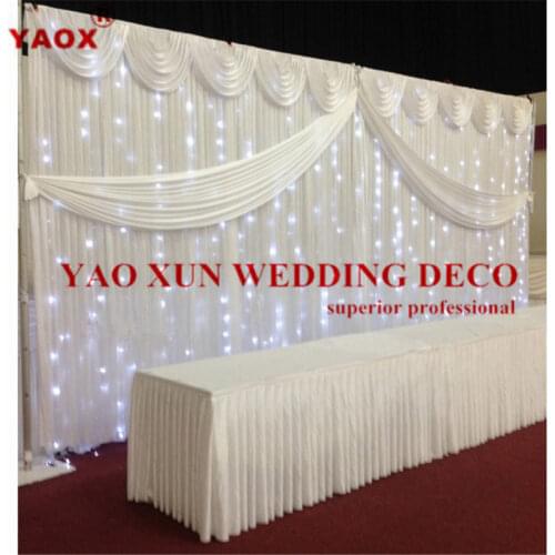 3x6M White Color Ice Silk Wedding Backdrop Curtain With Led Light Stage Background Drapery Valance Event Decoration