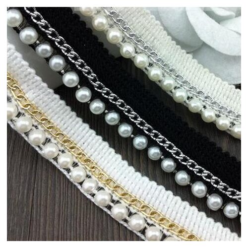50Yard White Pearl Beaded Lace Trim Metal Chain Lace Ribbon Diy Handmade Wedding Dress Clothes Accessory Decoration Lace Fabric
