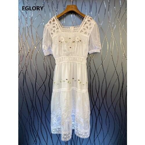 Hollow Out Embroidery Dress 2021 Summer Ladies Sexy Square Collar Flower Patterns Short Sleeve Mid-Calf A-Line White Blue Dress