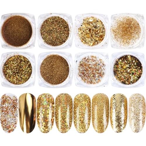 8 Box Mirror Gold Nail Art Glitter Powder Set Holographic Gold Aluminum Sequins Paillette Manicure Rubbing For Nails LY1506-07