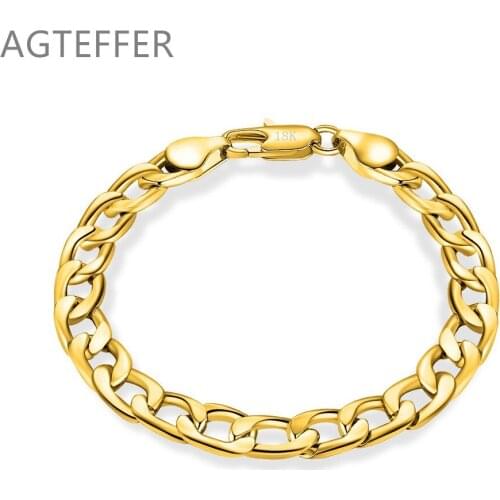 AGTEFFER 925 Sterling Silver 18K Gold 8mm Flat Side Chain Bracelet For Women Fashion Wedding Engagement Party Charm Jewelry