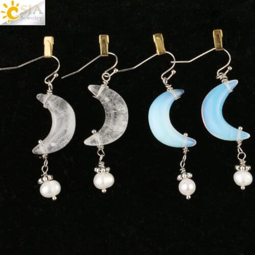 CSJA Crescent Moon Natural Stone Pearl Drop Earrings Horn Shaped Charms Reiki Crystal Fashion Dangle Ear Jewelry Women Girl G157