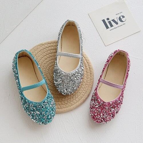 Childrens Shoes Kids Girls Leather Shoes Rhinestone Crystal Glitter Flats Princess Footwear Non-slip Sequined Princess Shoes