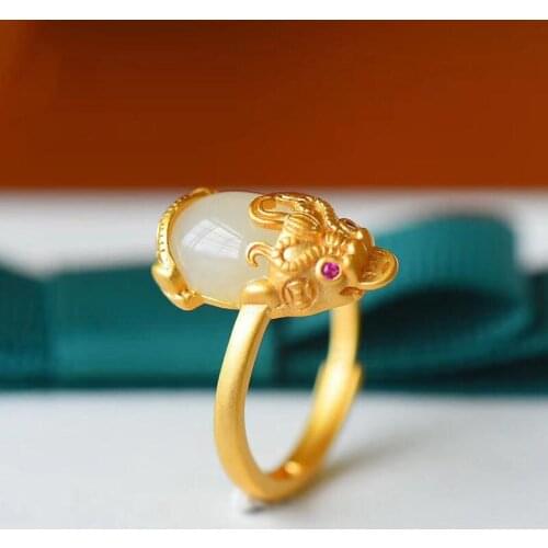 Natural Hetian Jade Lucky Coin White Jade Ring Ancient Inlaid S925 Sterling Silver Gilding Ethnic Style Jewelry Women