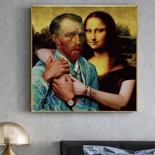 Funny Art Mona Lisa Van Gogh The Lovers Canvas Painting Classic Posters and Prints Wall Art Pictures for Living Room Home Decor