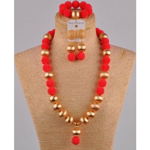 Red african jewelry set simulated pearl necklace nigerian wedding beads jewelry sets for women FZZ37