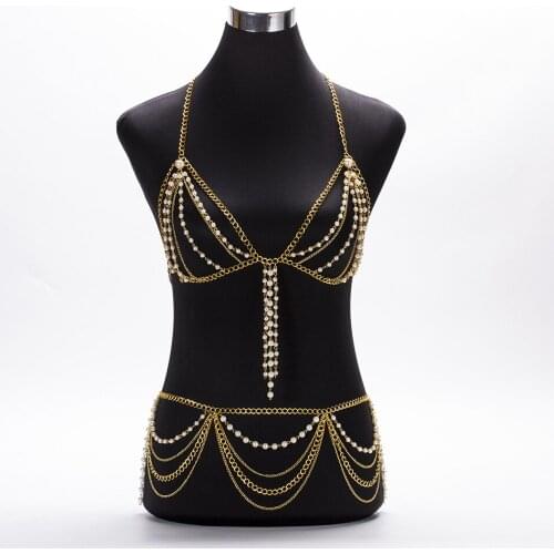 Fashion Boho Imitation Pearls Full Body Chain Bra and waist chain Statement women Dress Sexy Night club Party Jewelry