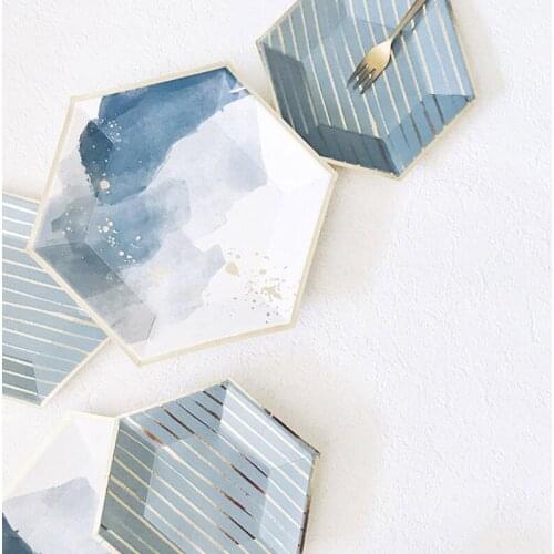 Disposable Ink Gradient Blue Tableware Set Bronzing Hexagonal Paper Plate Cup Napkin Birthday Party Dessert Decoration Supplies