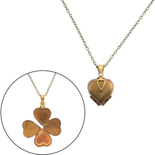 Retro Lucky 4 Leaf Clover Four Photos Locket Necklace Family DIY Photo Jewelry
