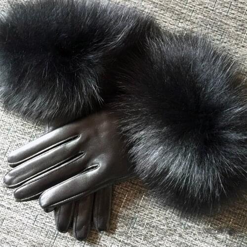 New Women Genuine Leather Glove Winter Warm Touch Screen Gloves Real Sheepskin Fox Fur Gloves Fashion Black and White