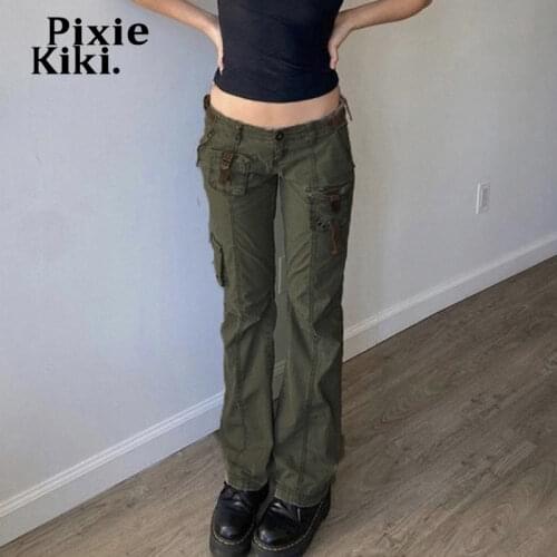 PixieKiki Vintage Y2k Low Rise Jeans Grunge Clothes Baddie Aesthetic Army Green Cargo Pants Egirl Denim Trousers P84-DI50