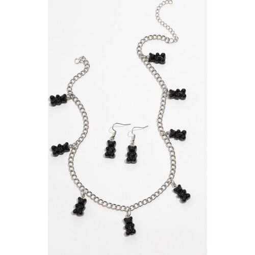 Stillgirl Punk SilverColor Chain Bear Pendant Earrings for Women Kpop Cute Animal Pendientes Necklace Couple Y2k Fashion Jewelry