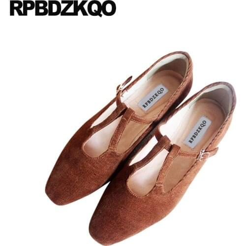Square toe size 33 brown black china thick suede strappy high quality designer brand shoes women genuine leather t strap velvet